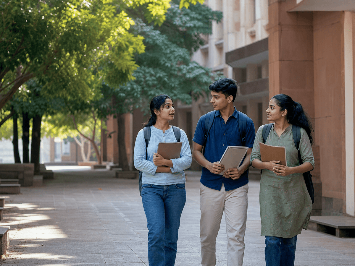 Indian college students walking together across a campus with their files