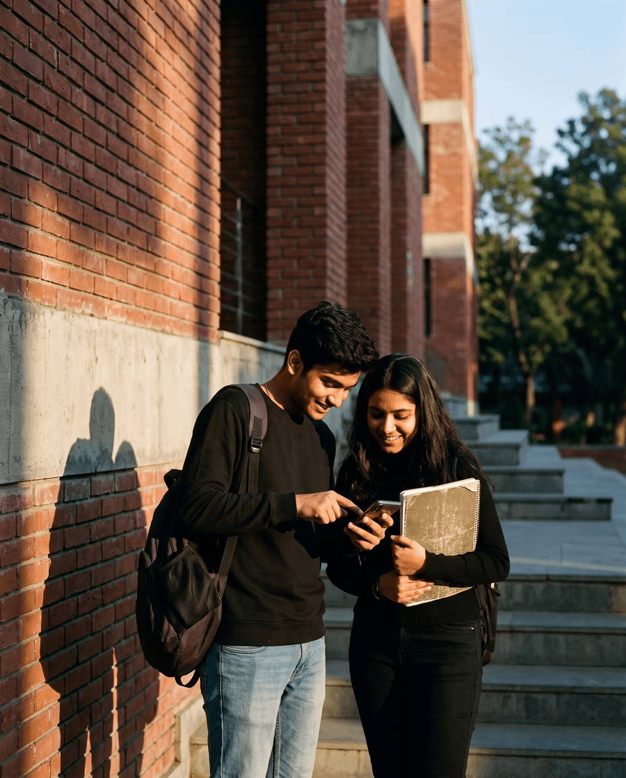 Two students on the steps of a college building, looking at something on a phone
