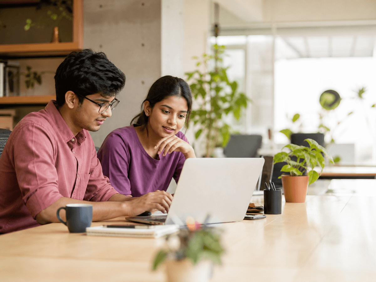 Two young professionals working through something together at a laptop