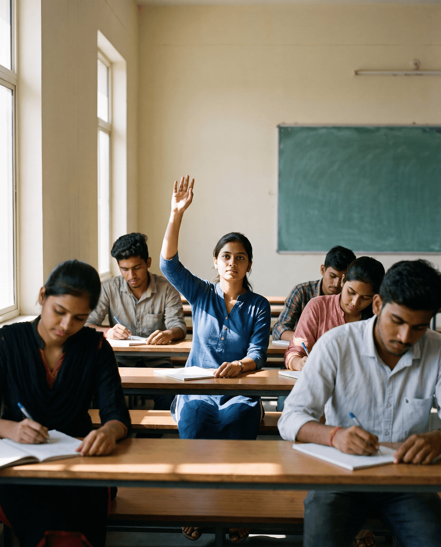 Students at their benches in a daylit classroom, one with her hand raised
