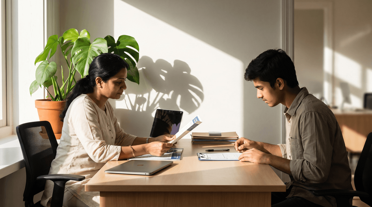 A counsellor and a student going through a course brochure across a desk
