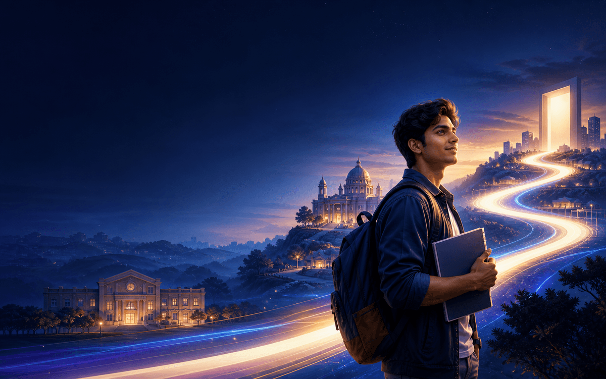 A student setting out on a lit path toward a university and a city skyline