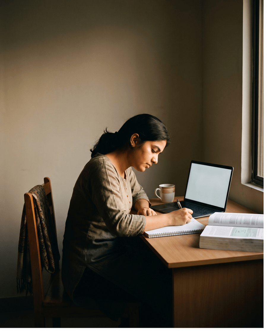 A student working through her notes at a desk at home beside a laptop