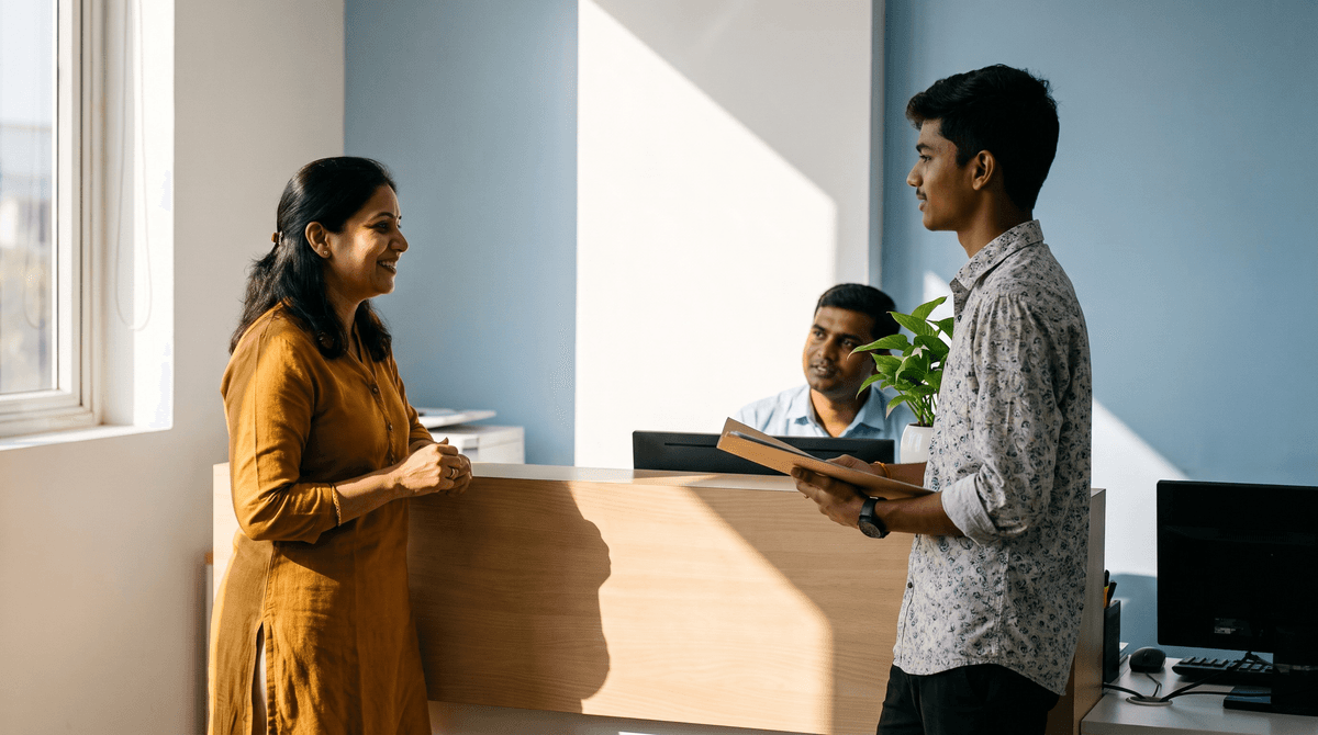 A visitor being welcomed at the front desk of a counselling office