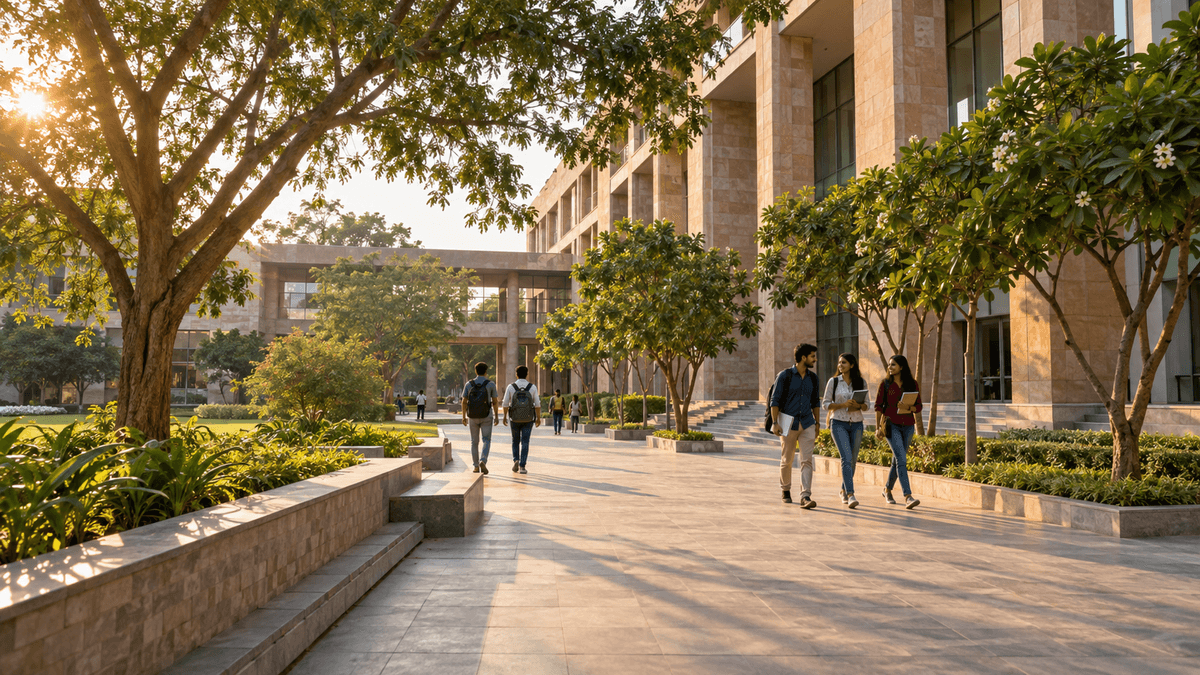 An illustrative university campus with students walking between academic buildings