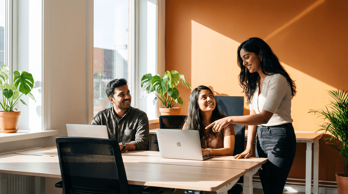 Three colleagues working together around a desk in a bright office